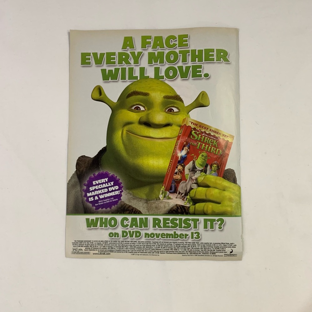 Shrek The Third DVD Give Away March 31, 2008 Vintage One Page Magazine Ad